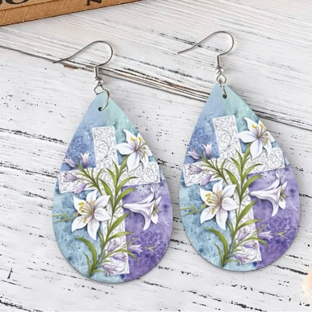 Cross Floral Print Colorful Faux Leather Waterdrop Dangle Earrings